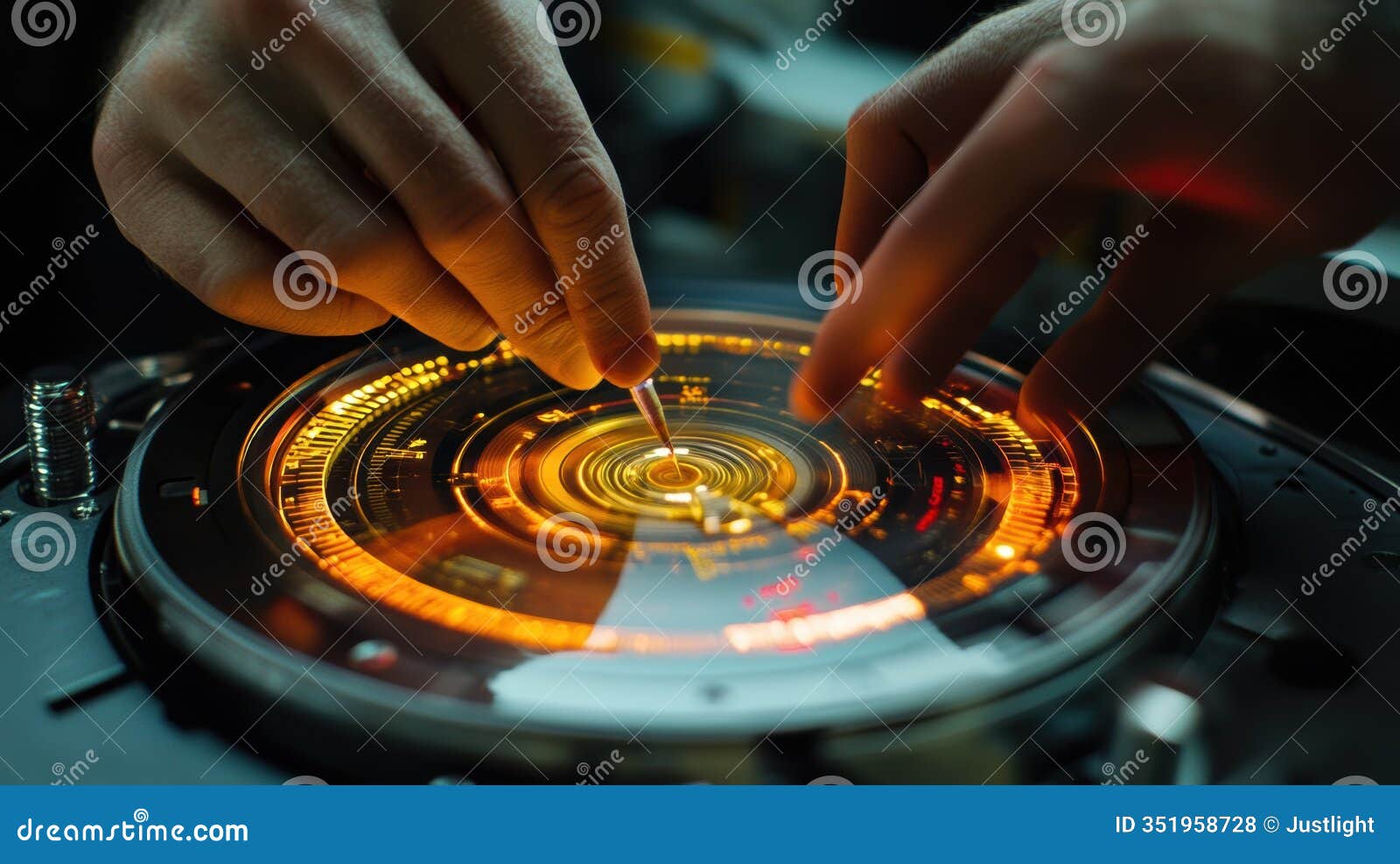 a detailed photograph of a technician adjusting a virtual dial that displays part measurements and tolerances using
