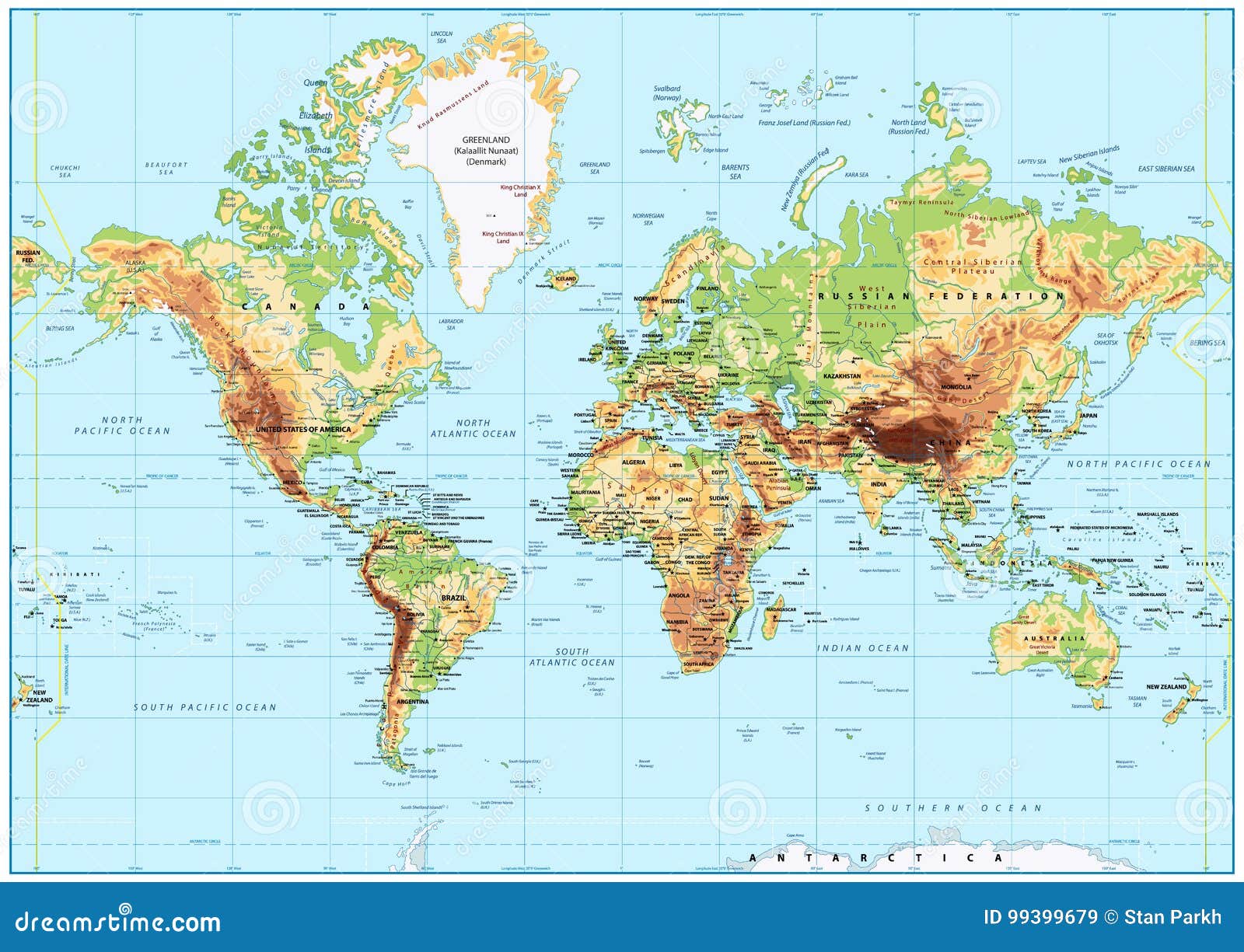 Detailed Physical World Map with Labeling. No Bathymetry Stock Vector ...