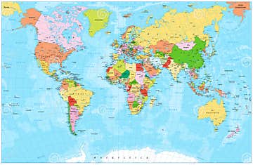 Detailed Political World Map with Capitals, Rivers and Lakes Stock ...