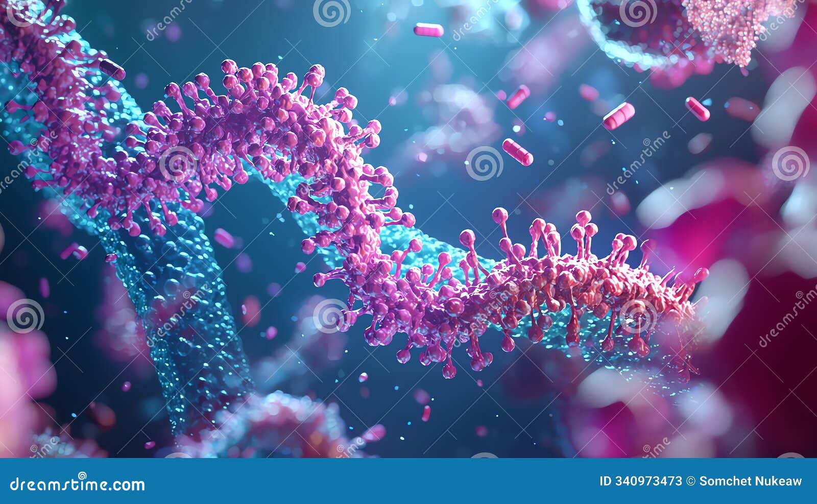 a detailed rendering of a ribosome translating mrna into a polypeptide chain inside a cell