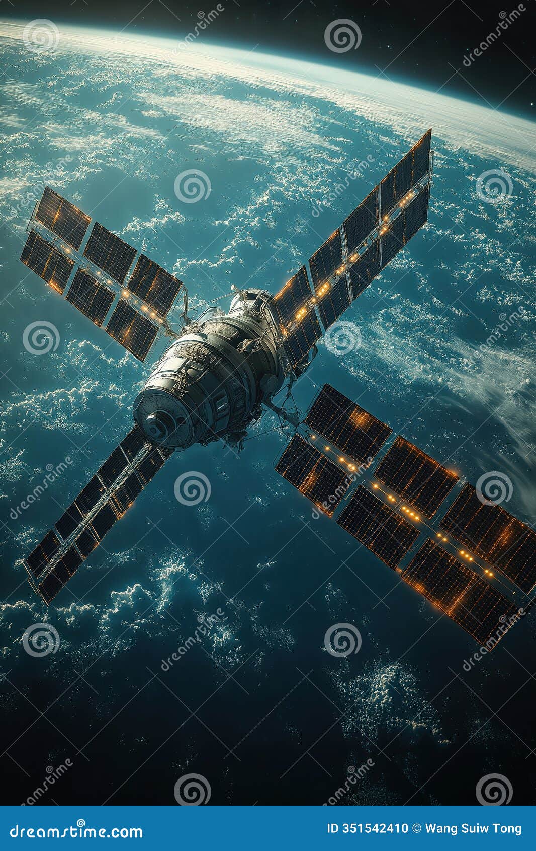 satellite orbiting earth with solar panels extended in a stunning view of the planet