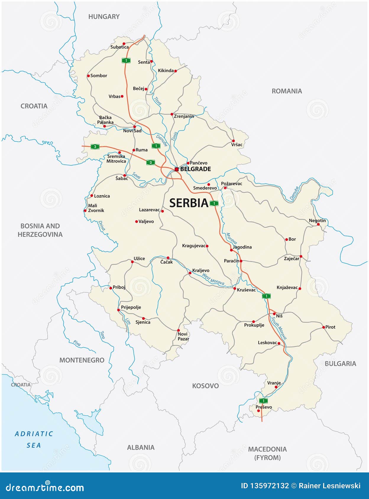 detailed serbia road  map with labeling