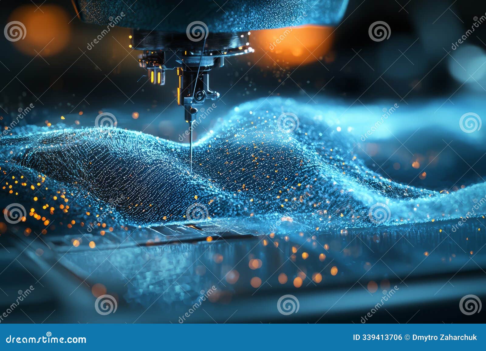 detailed shot of fabric flowing through a sewing machine.