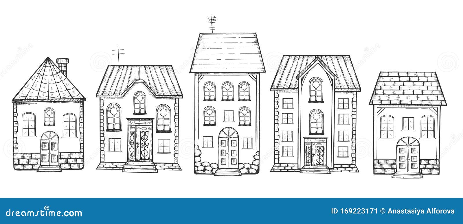 Detailed Street Cottage Houses Set Stock Vector - Illustration of ...