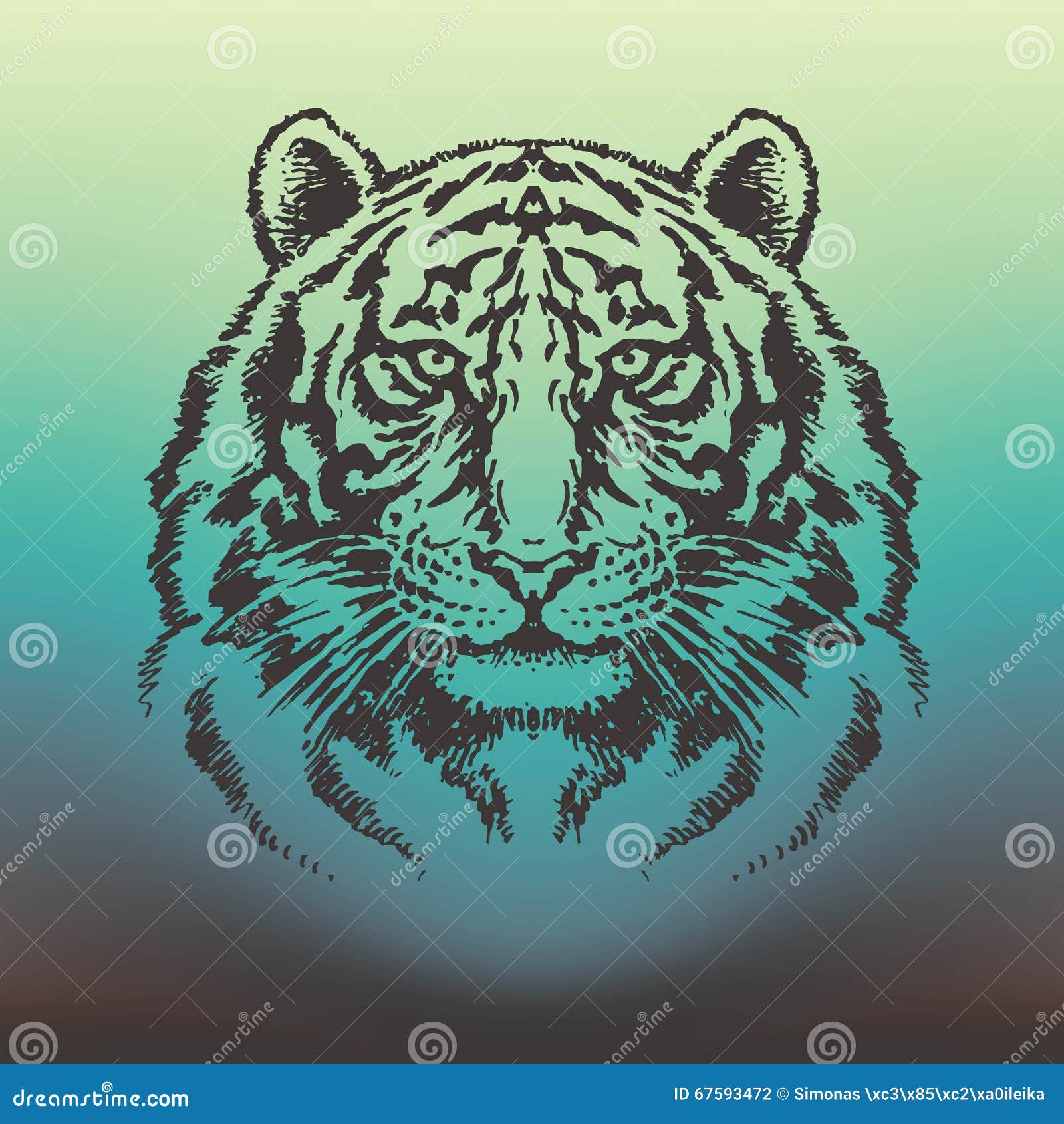 Detailed Tiger Head Drawing on Emerald Gradient Stock Illustration