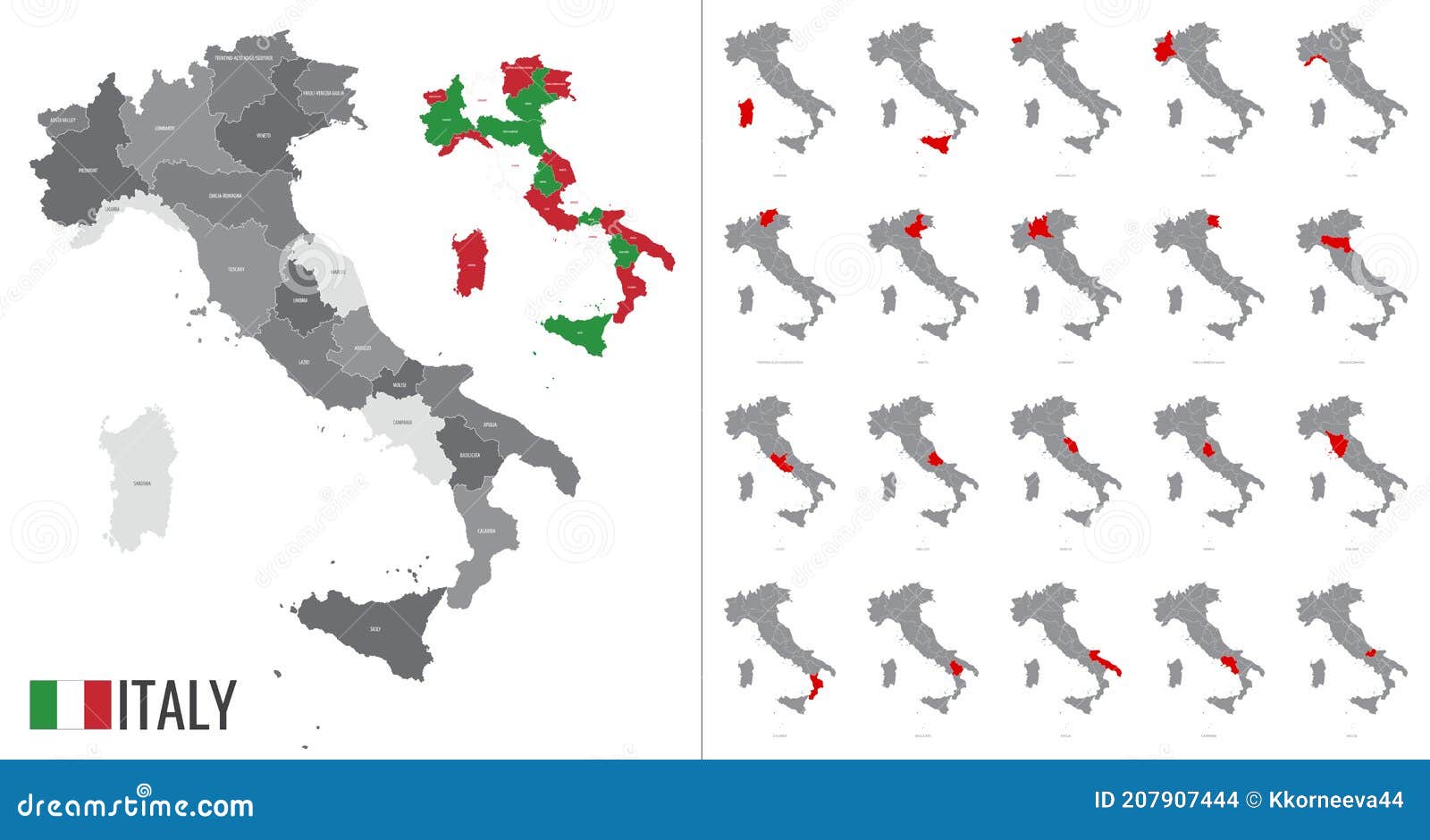 detailed  map of italy regions with country flag