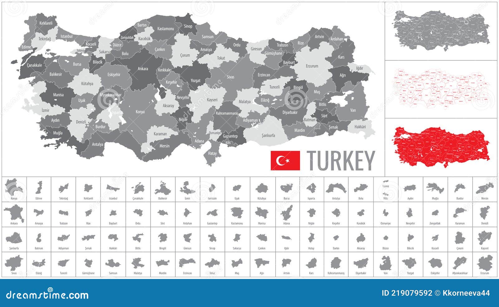 detailed  map of regions of turkey with flag