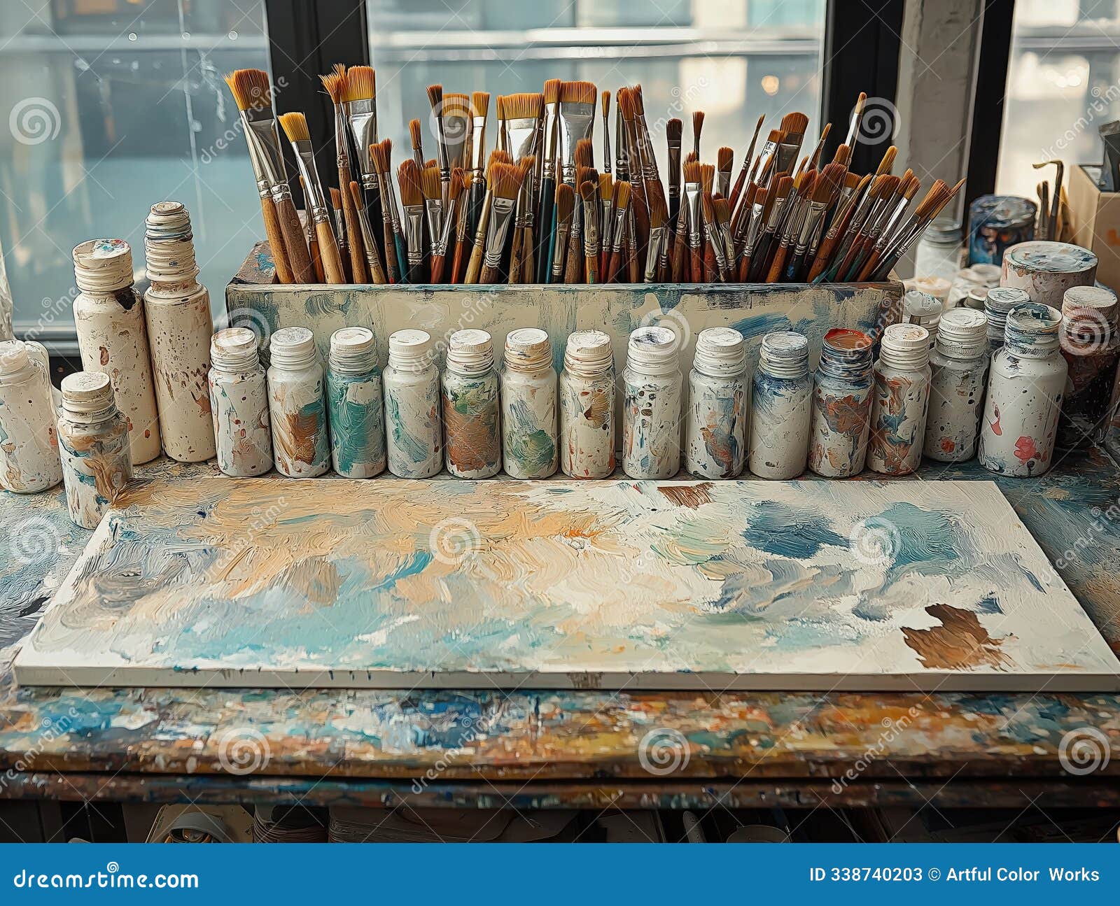 artist's workspace with brushes and paint bottles in natural light