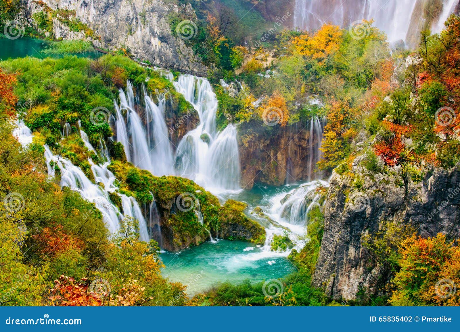 detailed view of the beautiful waterfalls in the sunshine in plitvice national park, croatia