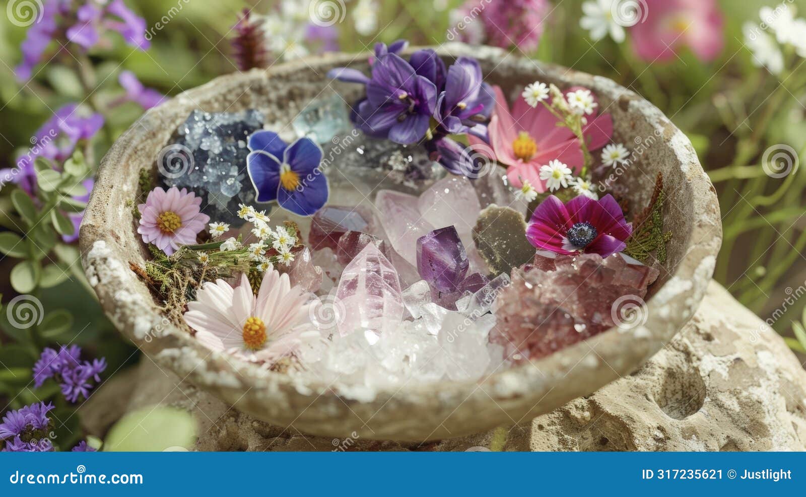 a detailed view of a bowl filled with fresh flowers herbs and crystals used for creating an allnatural energyinfused