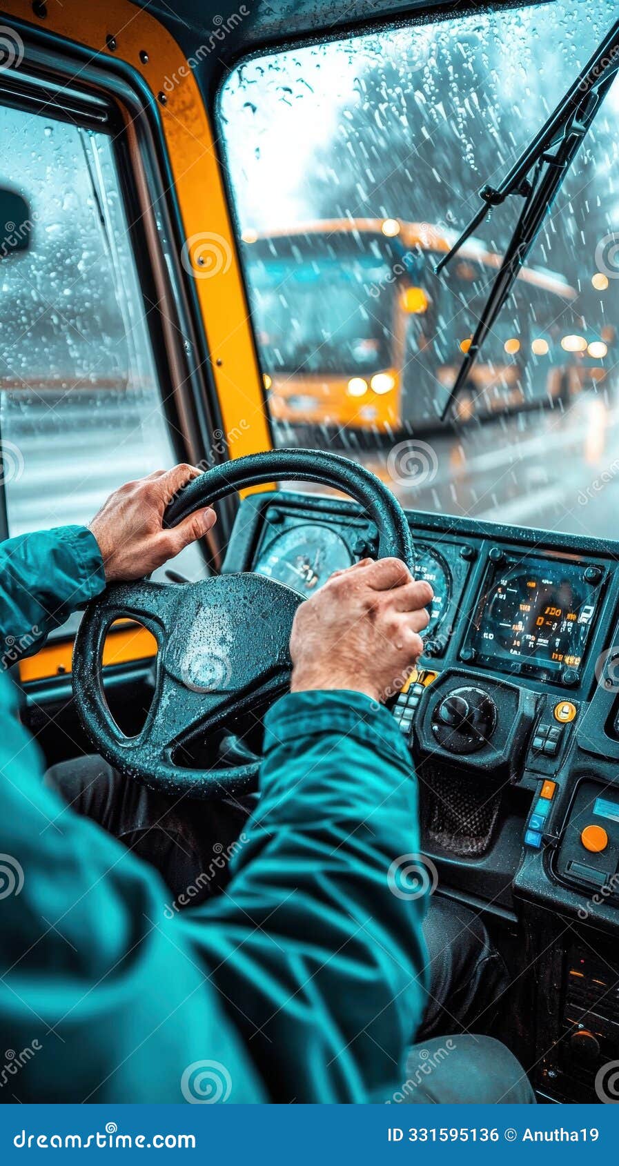 detailed view of a bus drivers hands on the gear shift and steering wheel, partially obscured face under a cap
