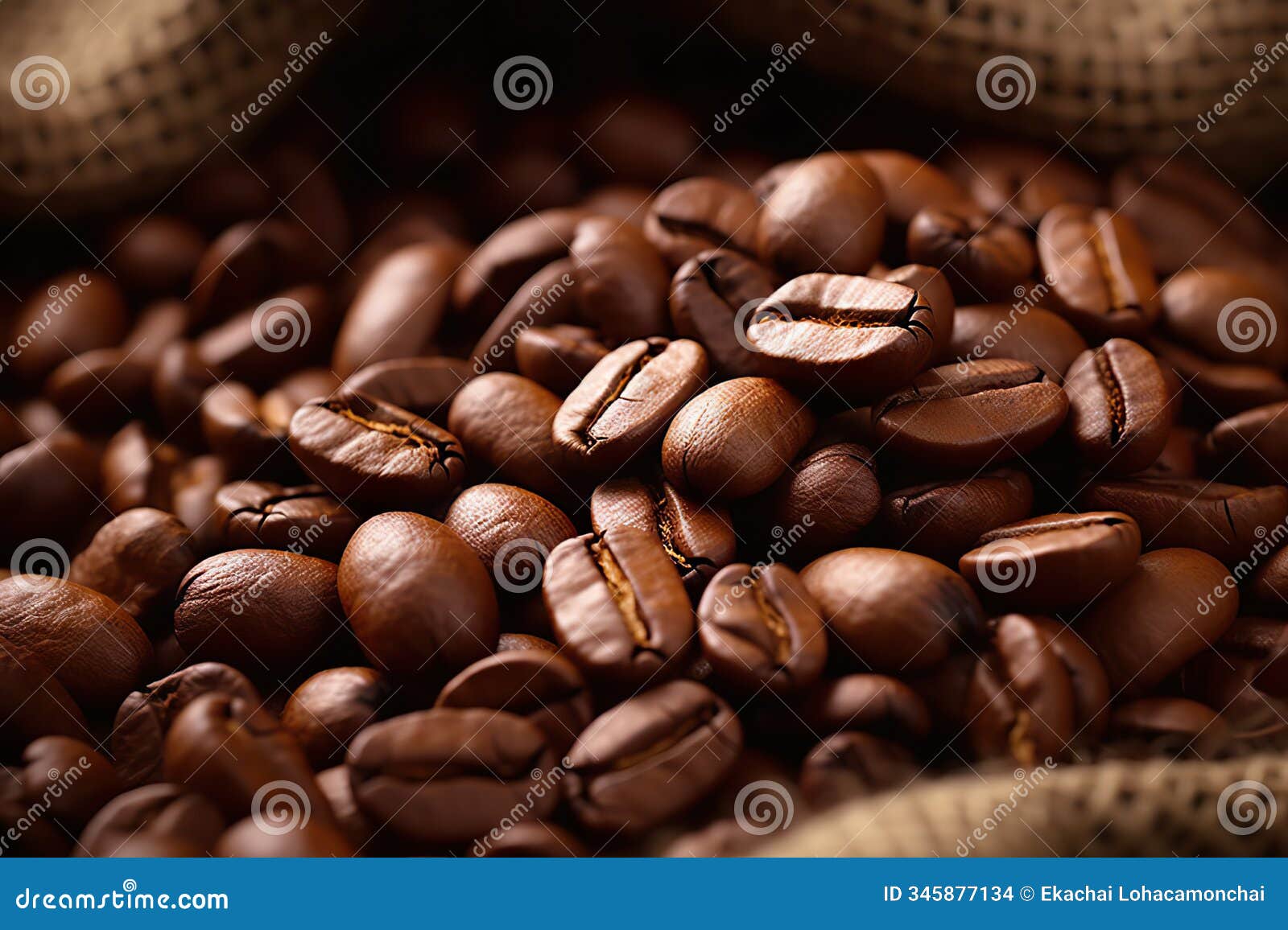 a detailed view of coffee beans nestled within a sack, showcasing the beauty of nature's bounty. created with generative ai