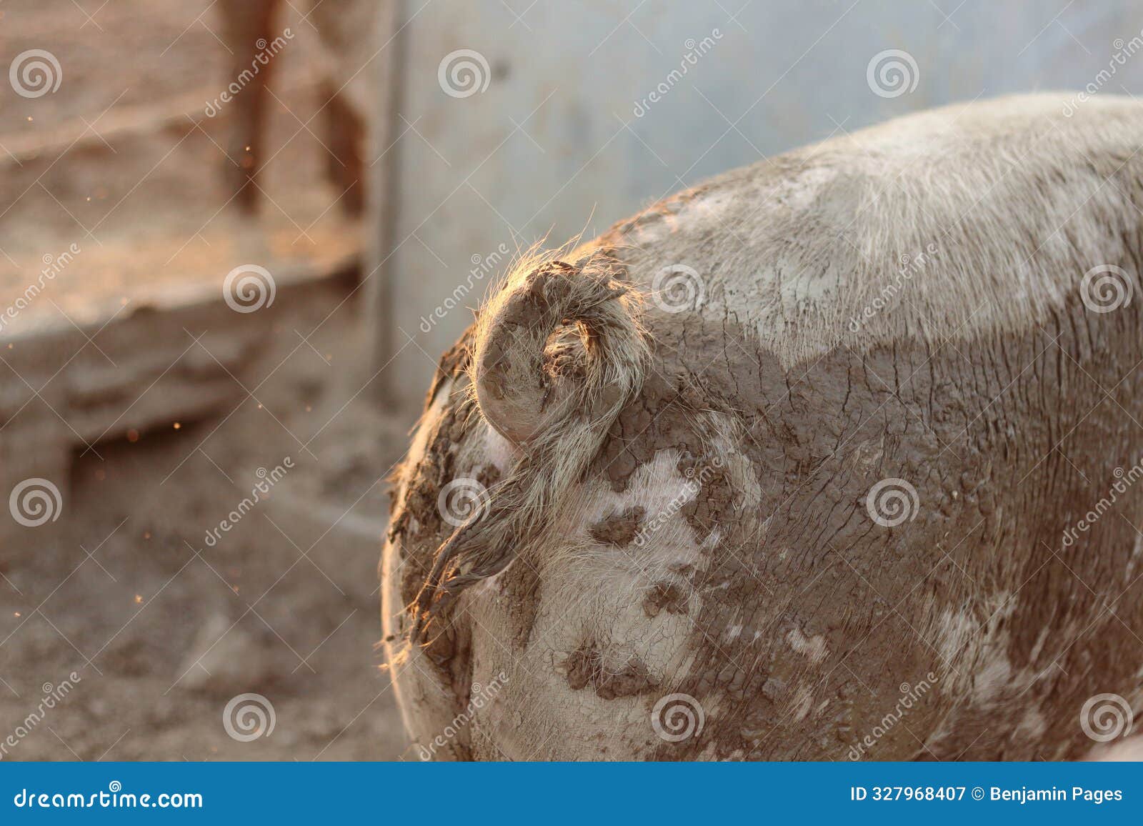 detailed view of pig& x27;s tail in warm light