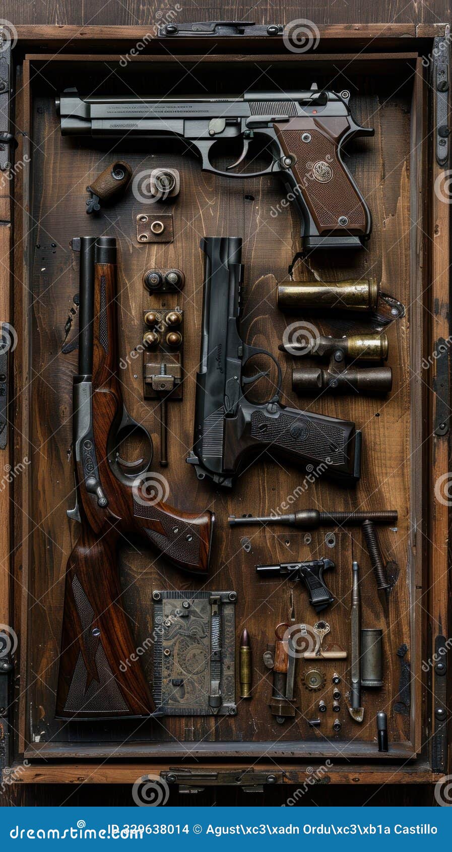 assorted firearms and ammunition in display case, beretta pistol.