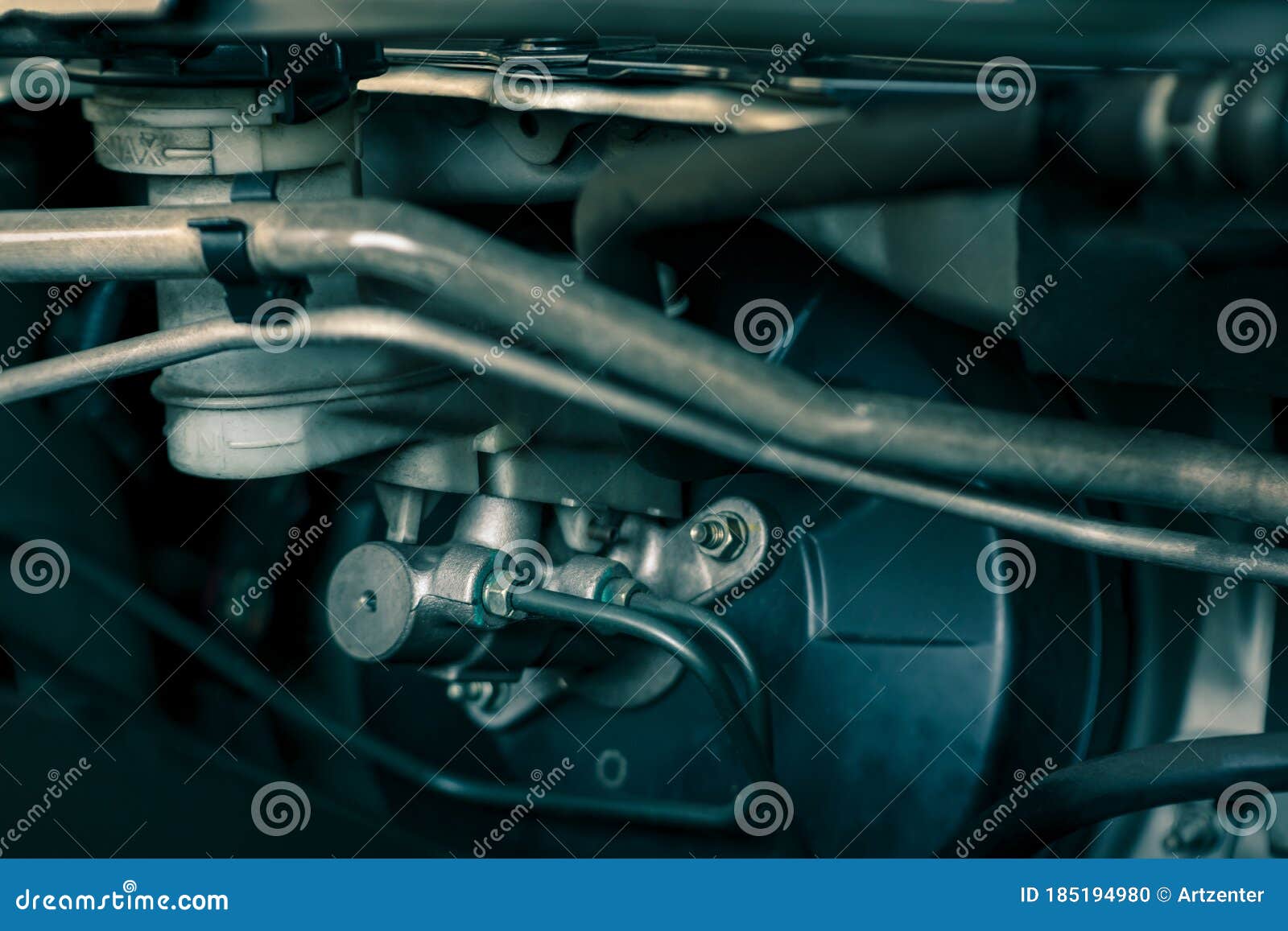 Details of Car Engine, Brake Booster and Master Cylinder, Brake System Components in Modern Car