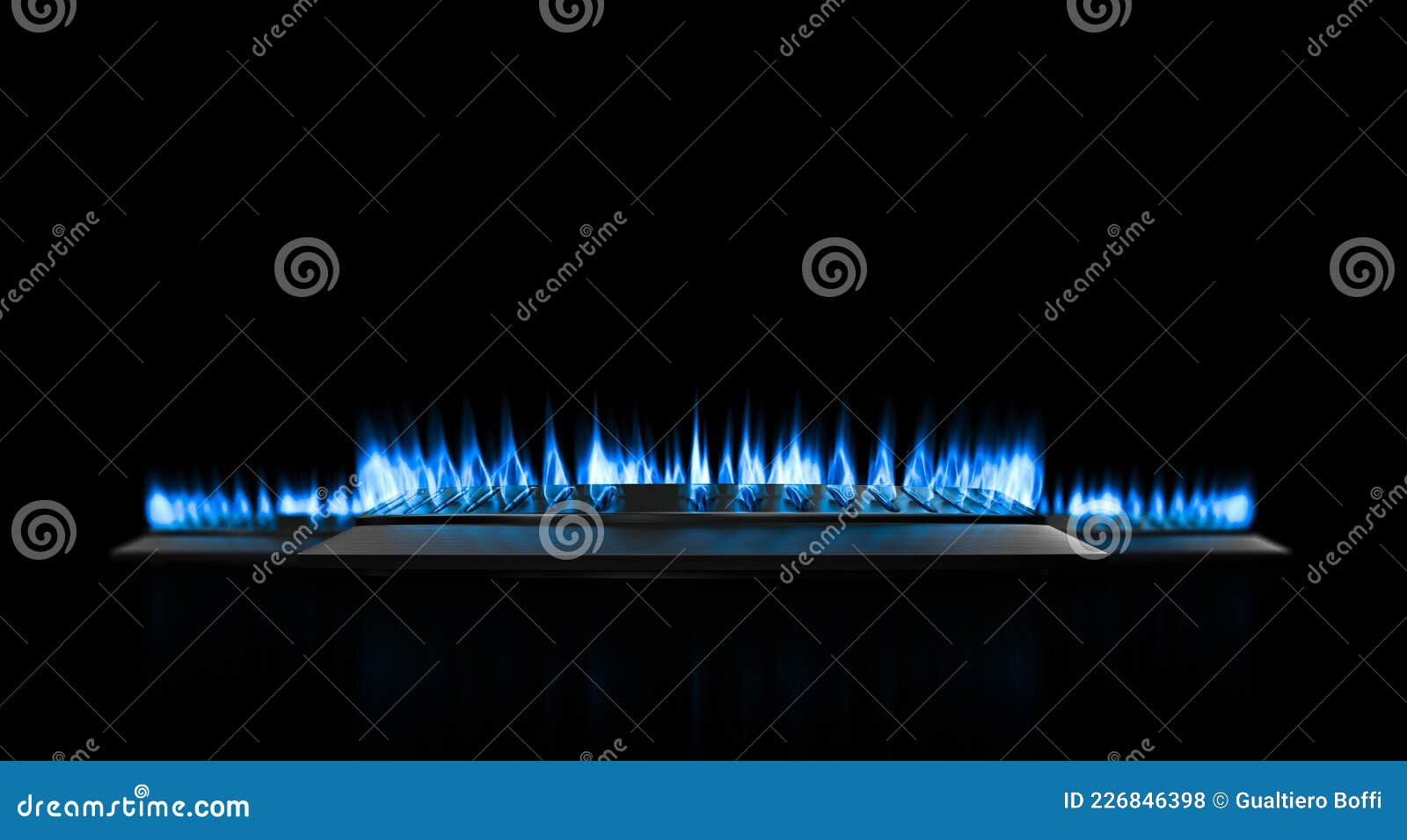 Gas Stove Flame. Realistic Blue Fire Light Effects. Vector Burner Plate