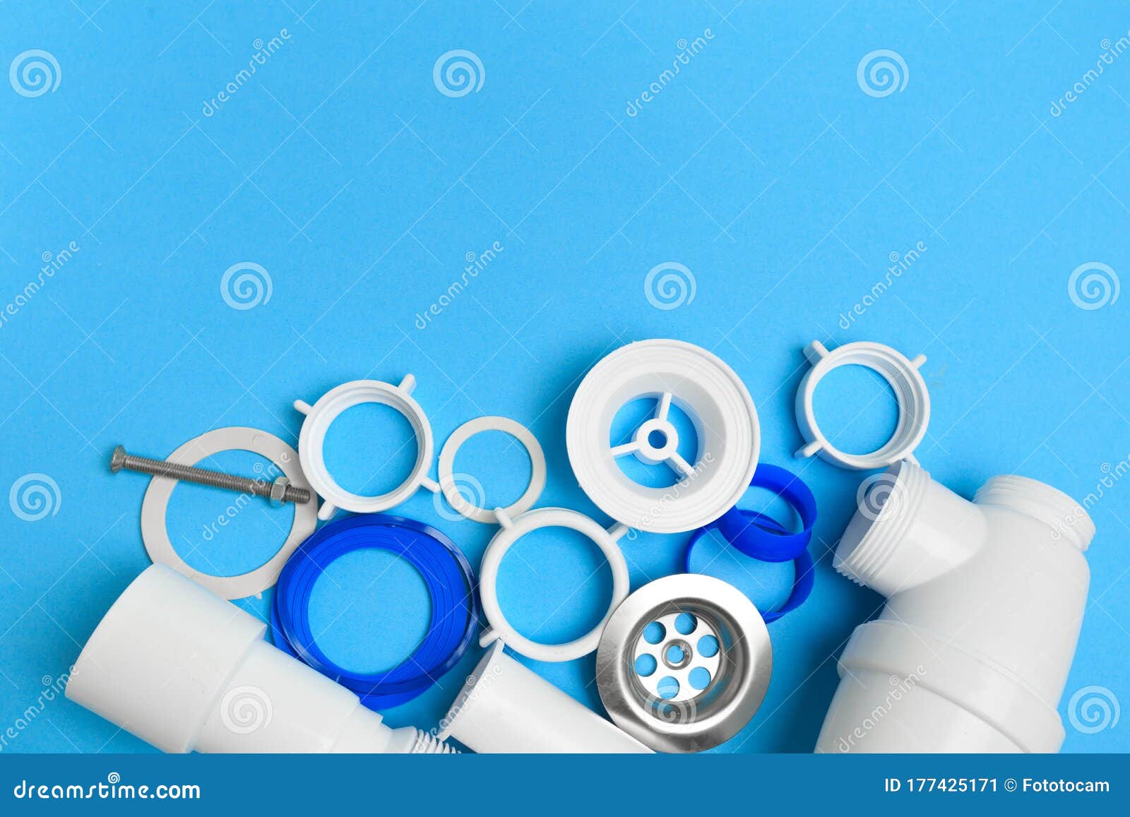 Details Siphon Kitchen Sink on Blue Background Image Stock Image