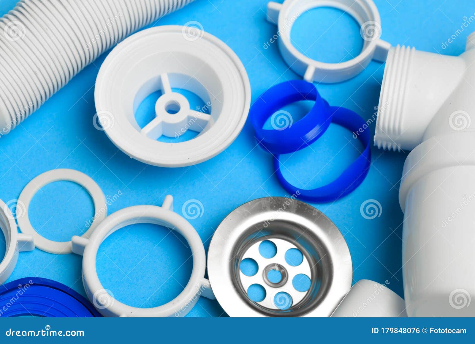 Details Siphon Kitchen Sink on Blue Background Image Stock Photo
