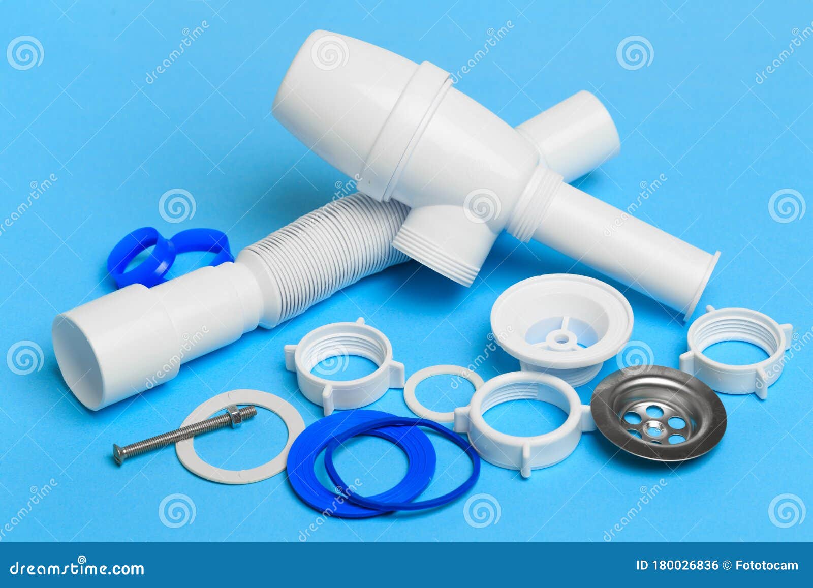Details Siphon Kitchen Sink on Blue Background Image Stock Photo