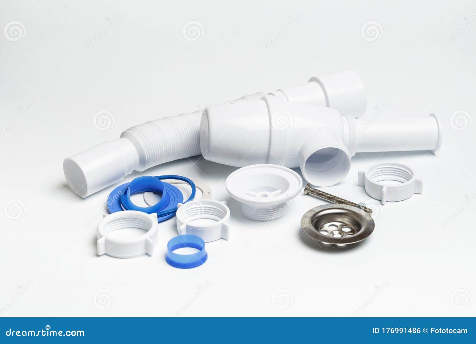 Details Siphon Kitchen Sink on White Background Image Stock Photo