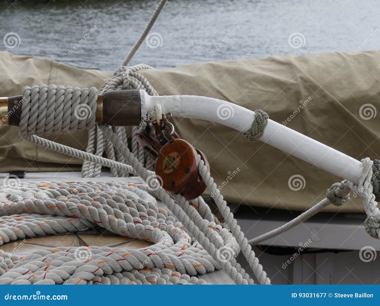 Wooden Pulleys and Ropes on Vintage Sailing Boat Stock Image