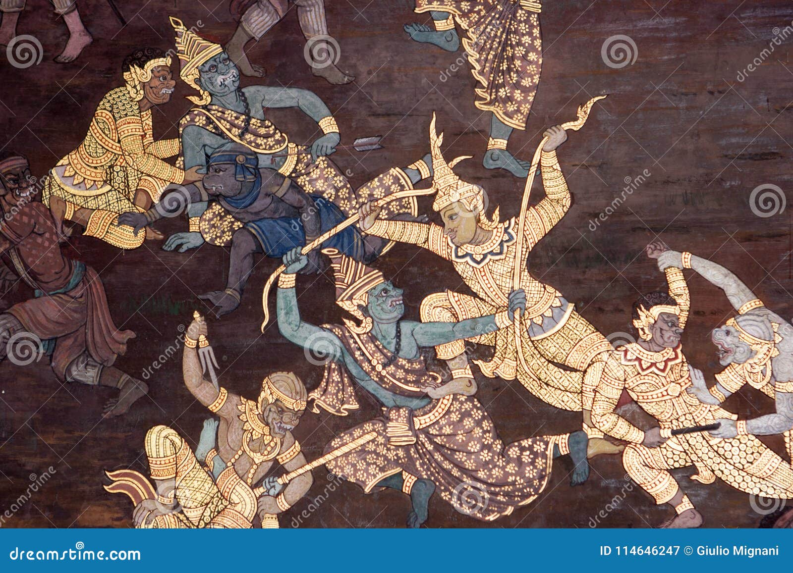 wall paintings depicting the myth of ramakien in the wat phra kaew palace, also known as the emerald buddha temple. bangkok, thail