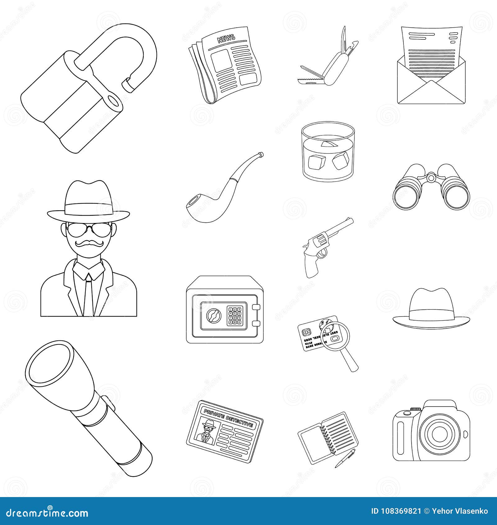 detective and attributes outline icons in set collection for .detective agency   stock web