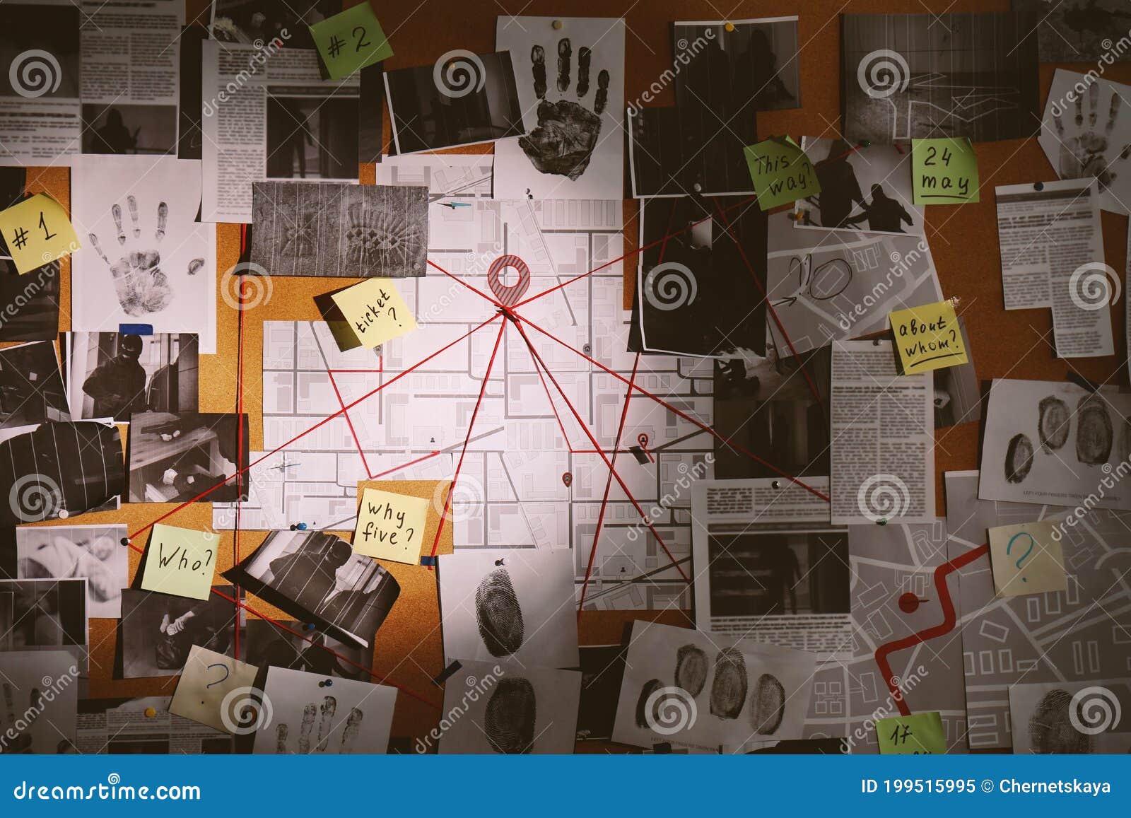 detective board with fingerprints, photos, map and clues connected by red string