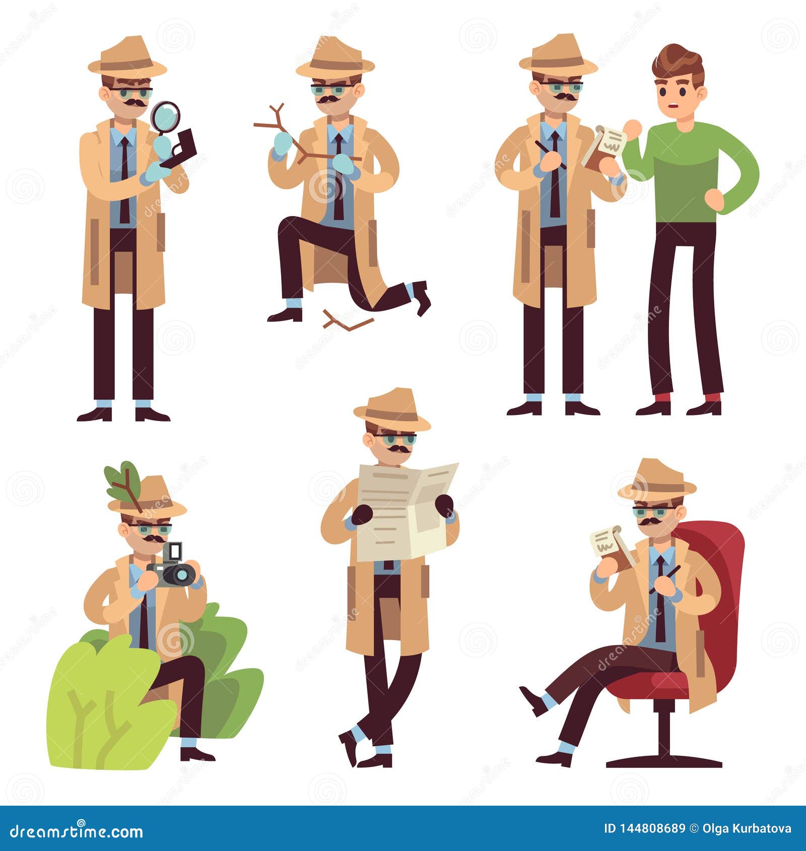 detective character. police inspector looking crime photographing case search secret agent solving spy detect cartoon