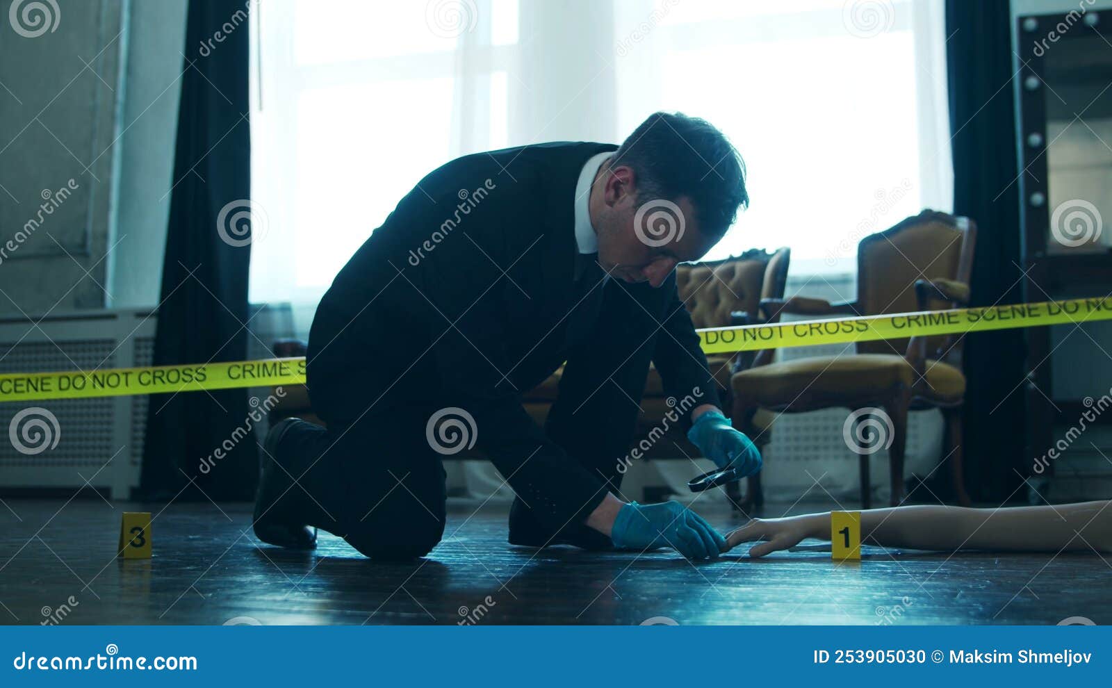 Detective Collecting Evidence in a Crime Scene. Forensic Specialists