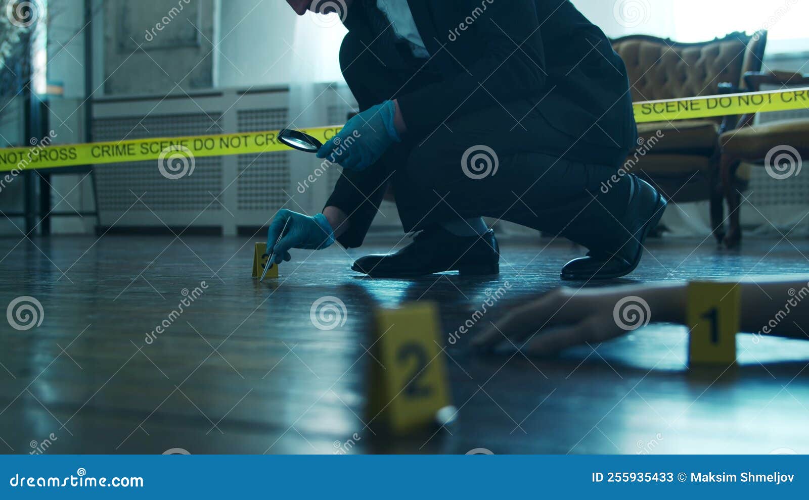 Detective Collecting Evidence In A Crime Scene. Forensic Specialists