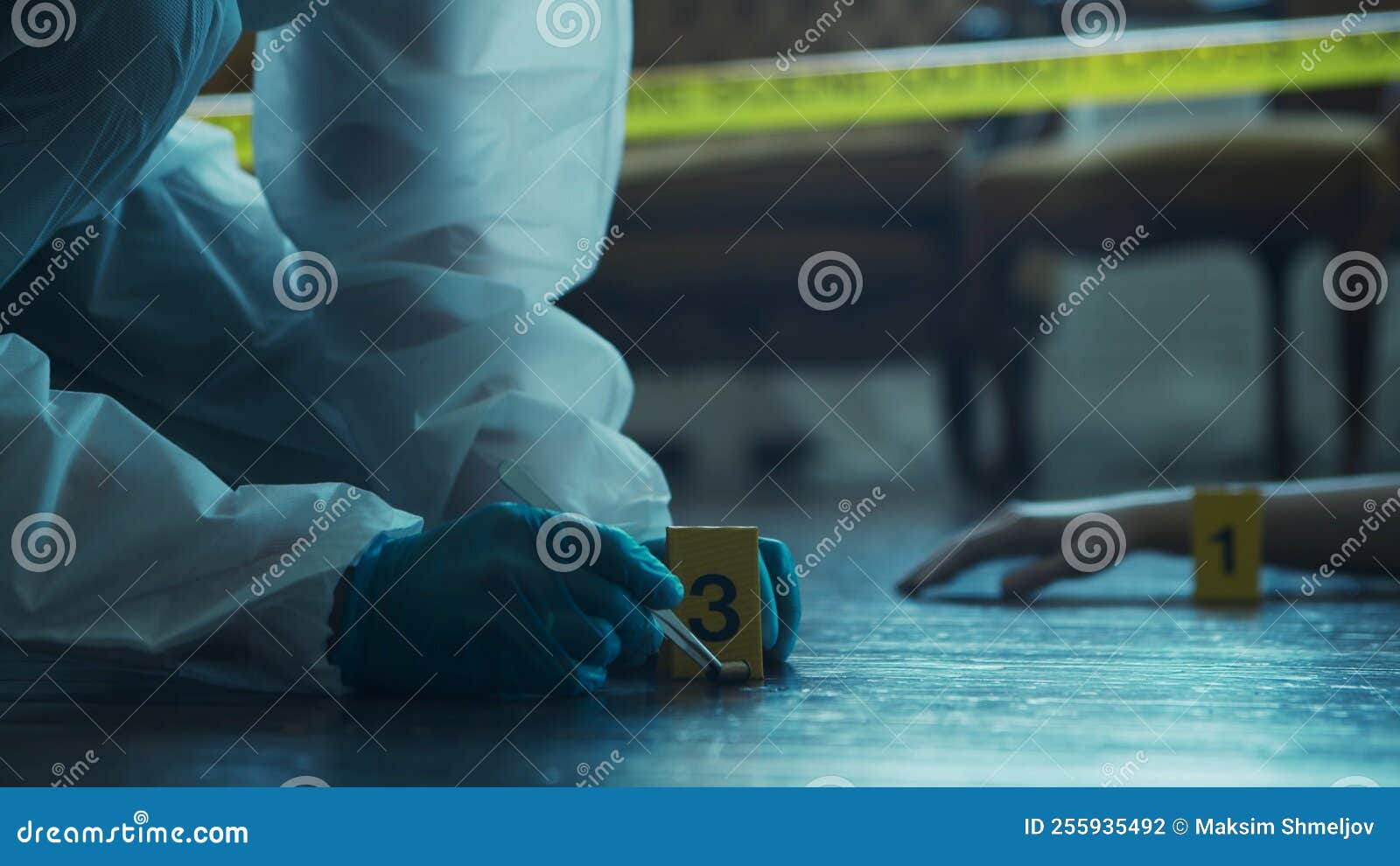 Detective Collecting Evidence In A Crime Scene. Forensic Specialists