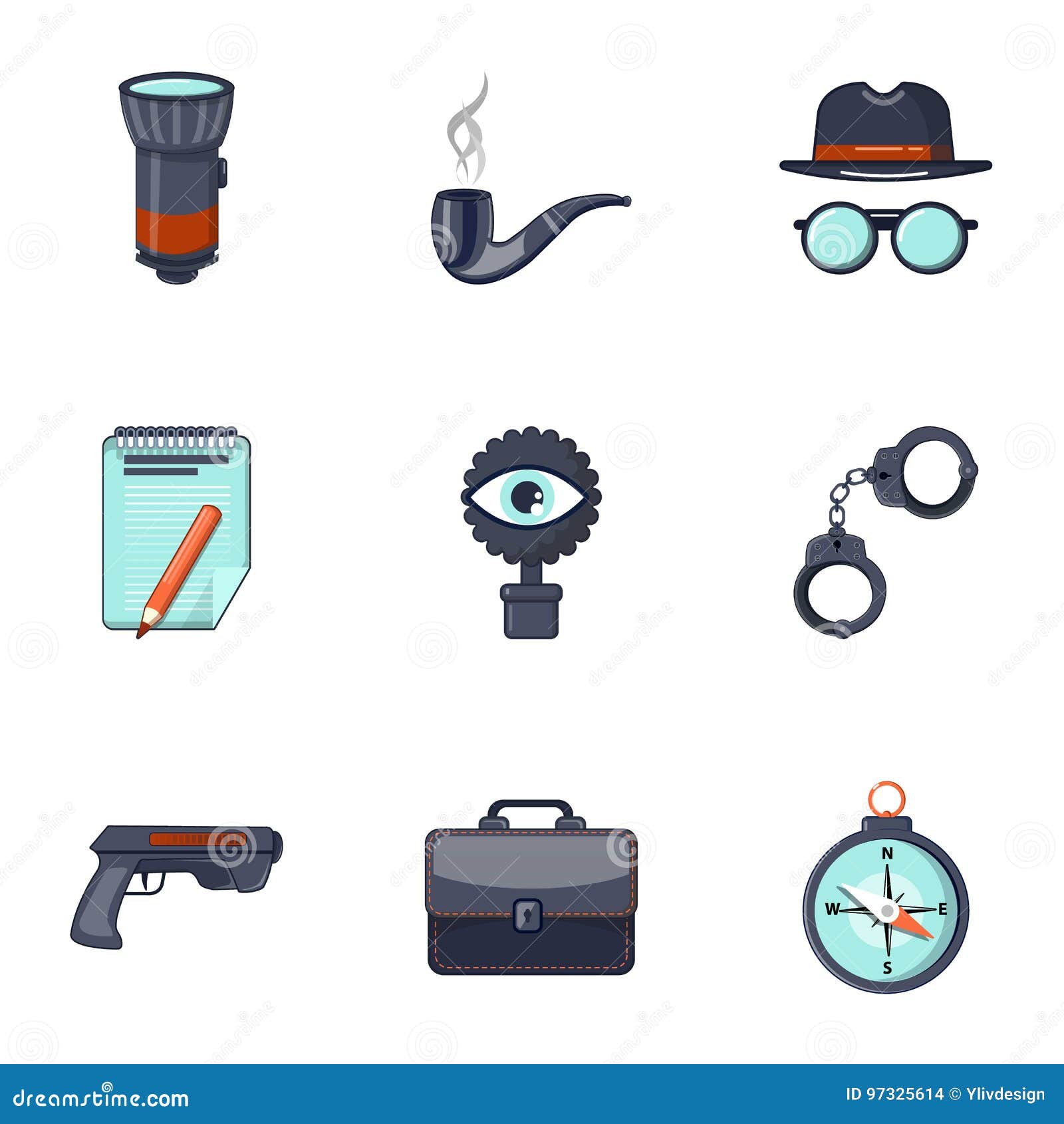 Detective Equipment Icons Set, Cartoon Style Stock Vector