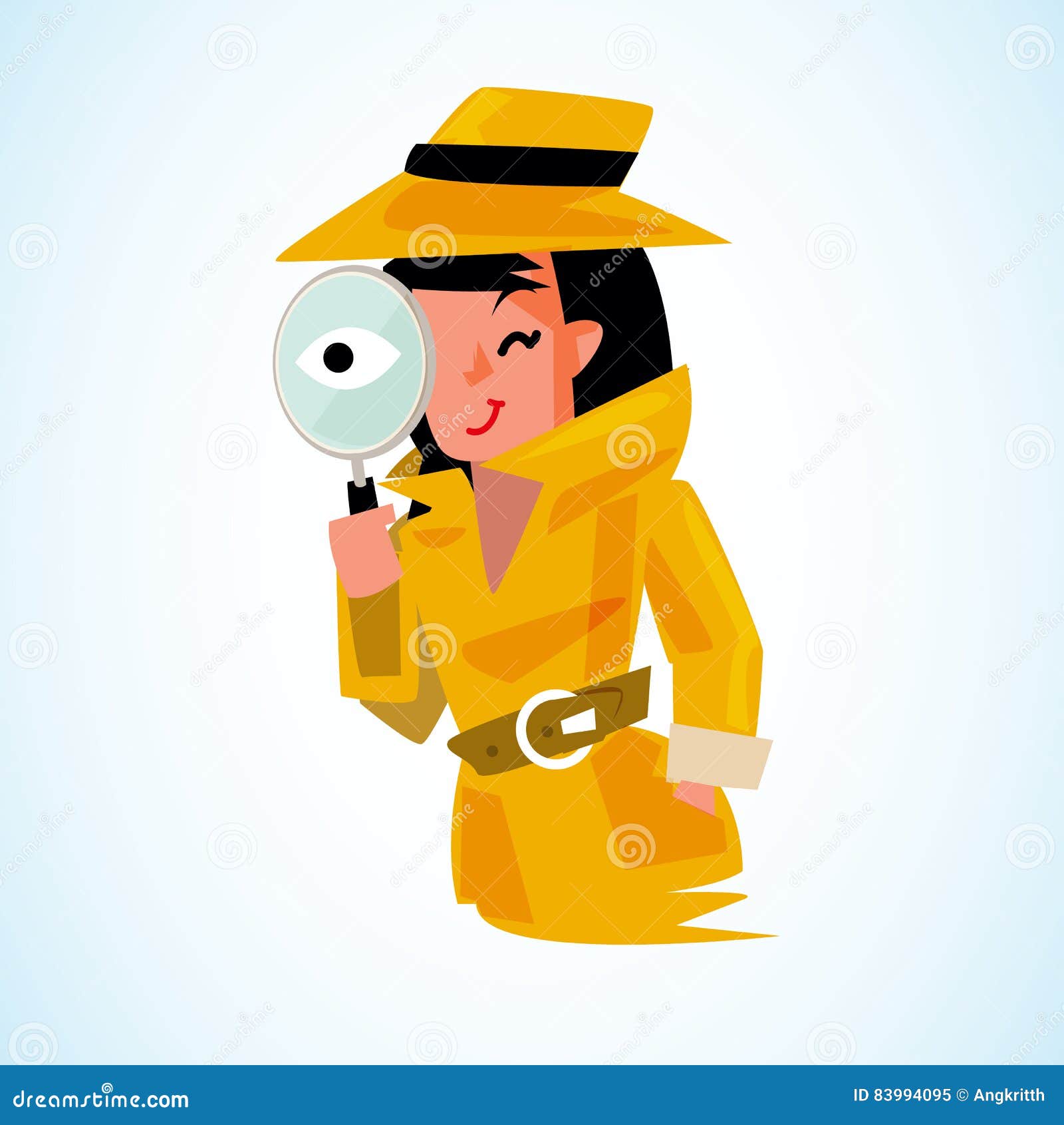 detective girl holding magnifying glass to watchin. character de