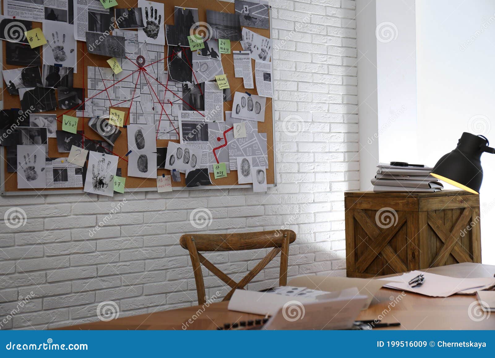 Detective Office Interior with Workplace and Investigation Board Stock ...