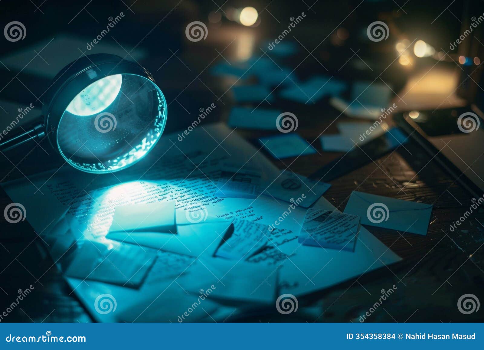 detective work illuminated papers letters envelopes magnifying glass dark desk clues investigation mystery solving crime scene