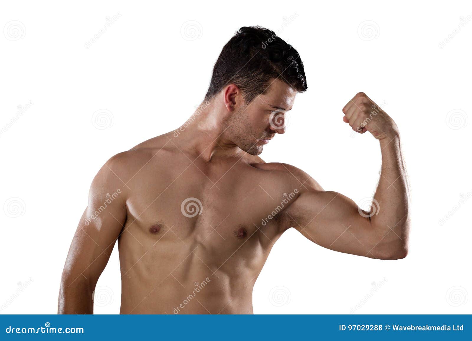 Shirtless Man Showing His Muscles In Slow Motion On White 