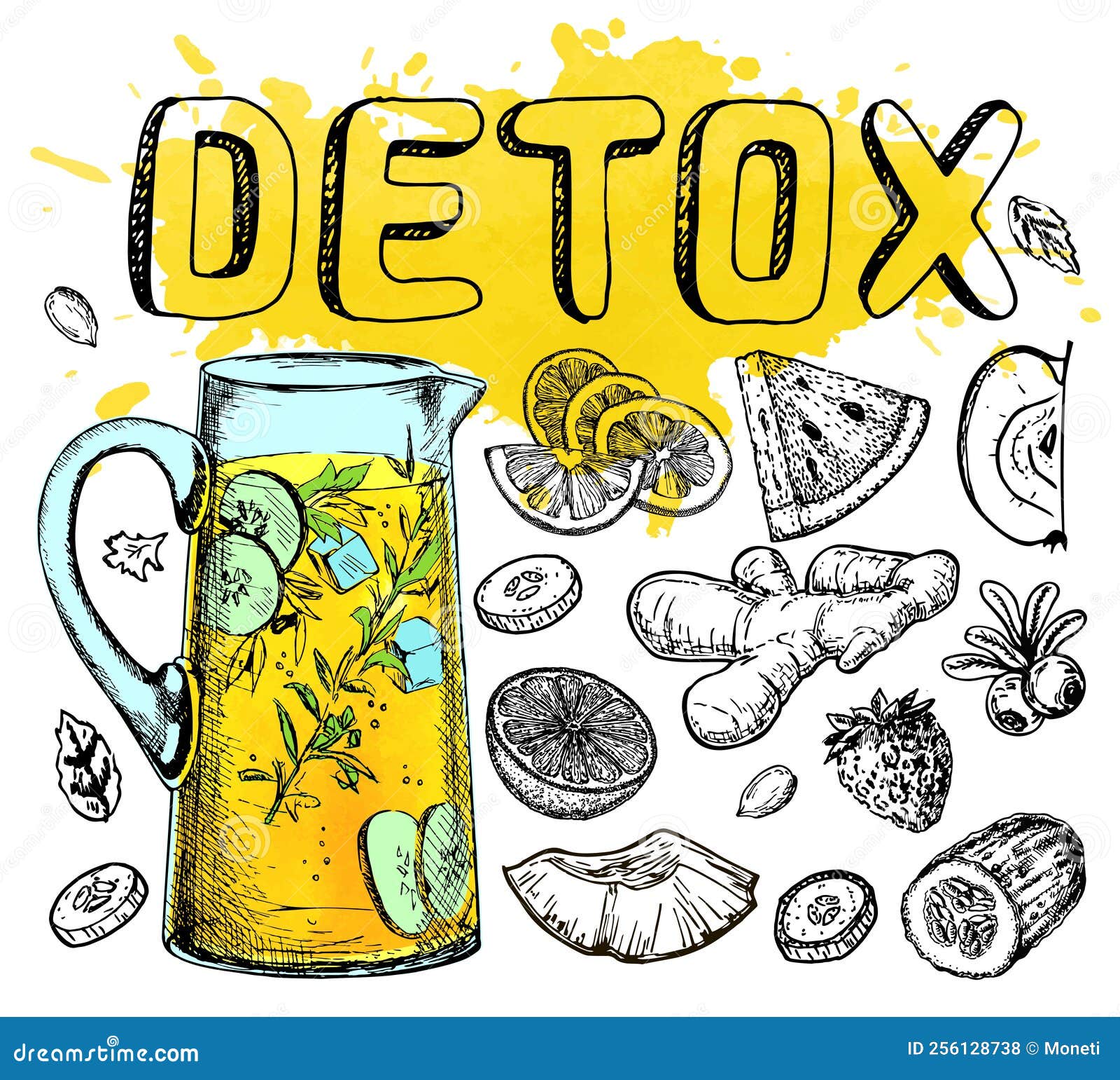 Detox Fruit Smoothie Sketch. Hand Drawn Vector Big Set of Fruits and
