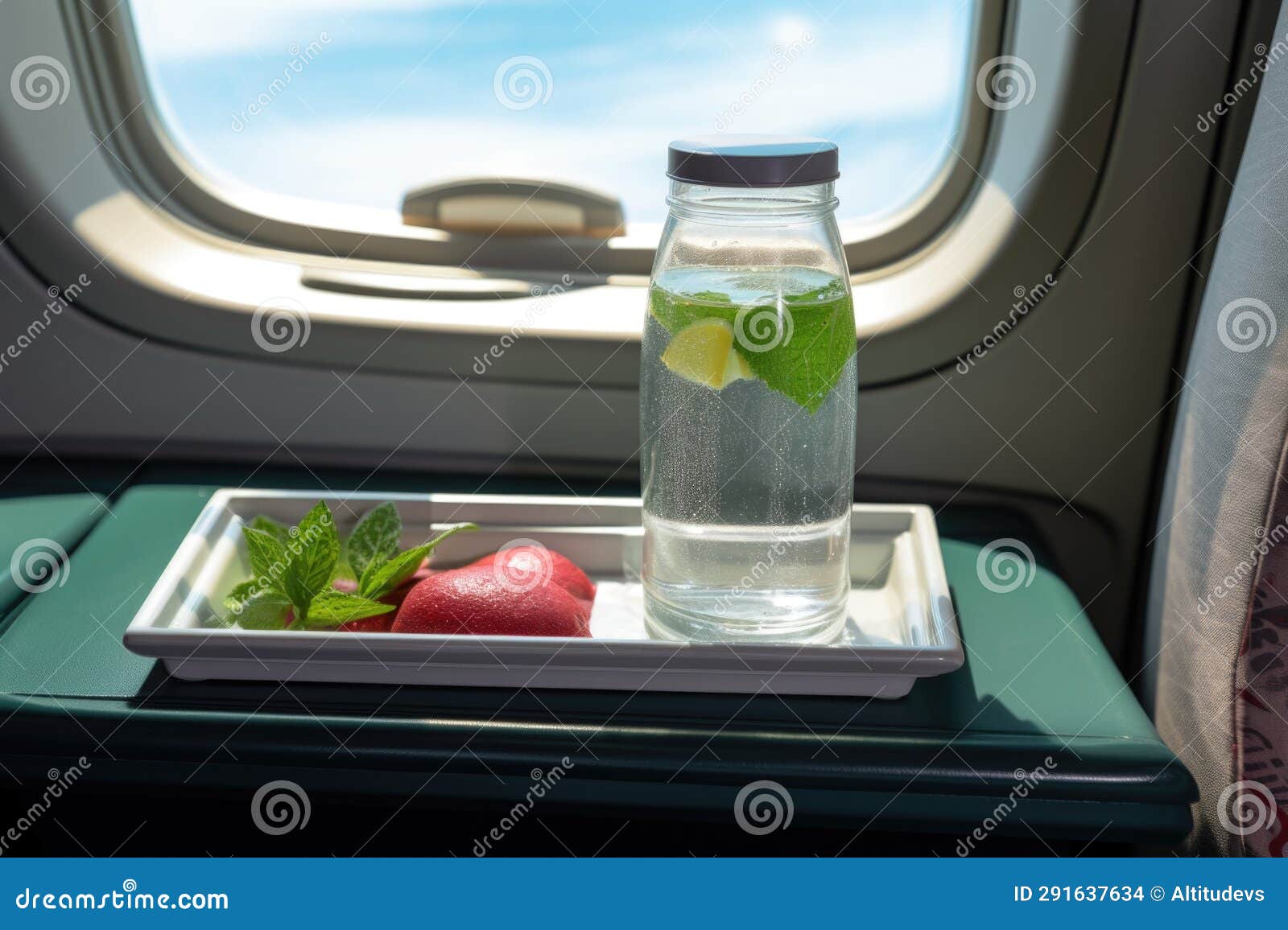 Detox Water Bottle on an Airplane Tray Table Stock Photo Image of