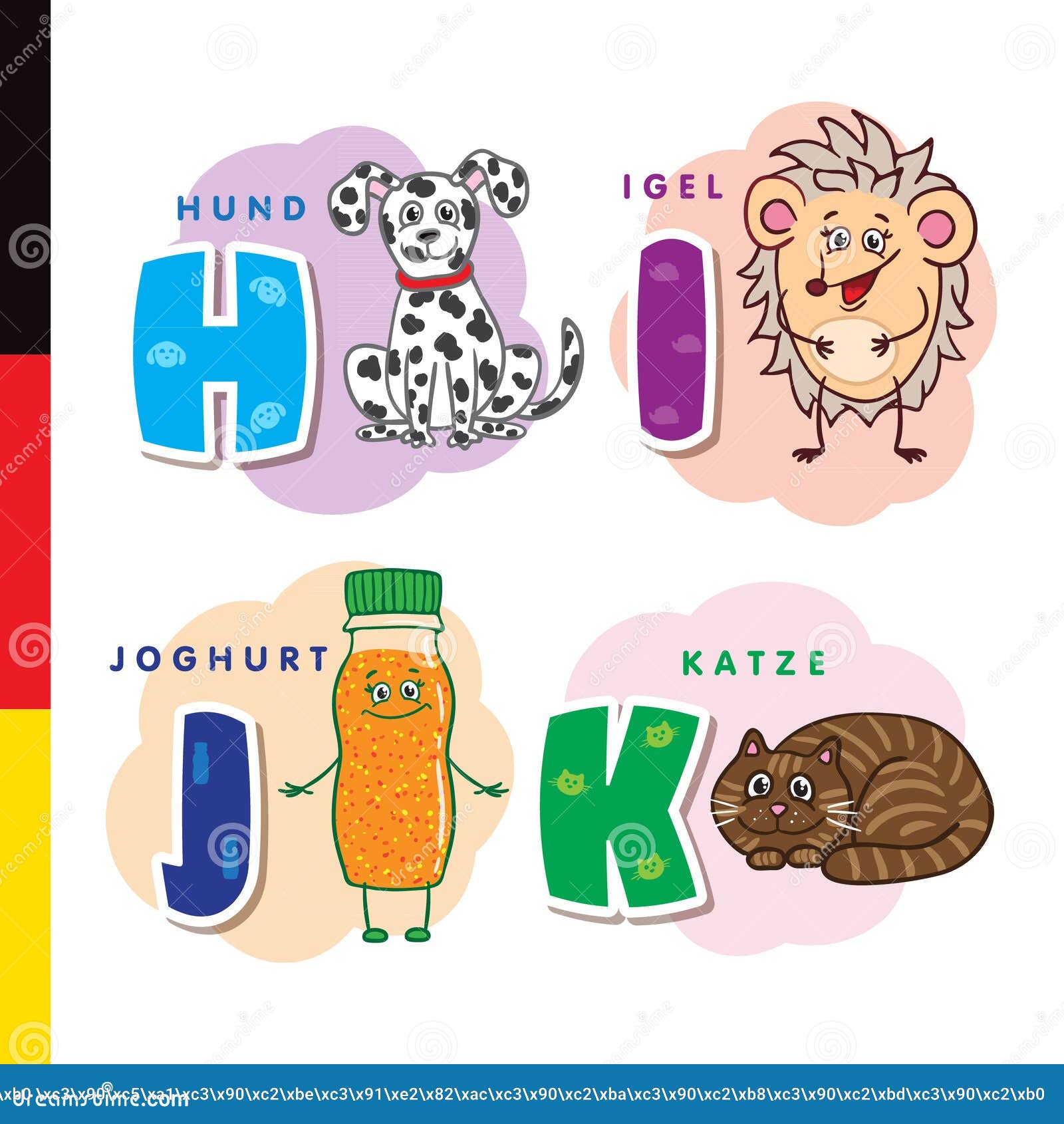 Deutsch Alfabet Hund Igelkott, Yoghurt, Katt Vektorbokstäver Och Tecken  Vektor Illustrationer - Illustration av bokstav, förbundna: 100071552