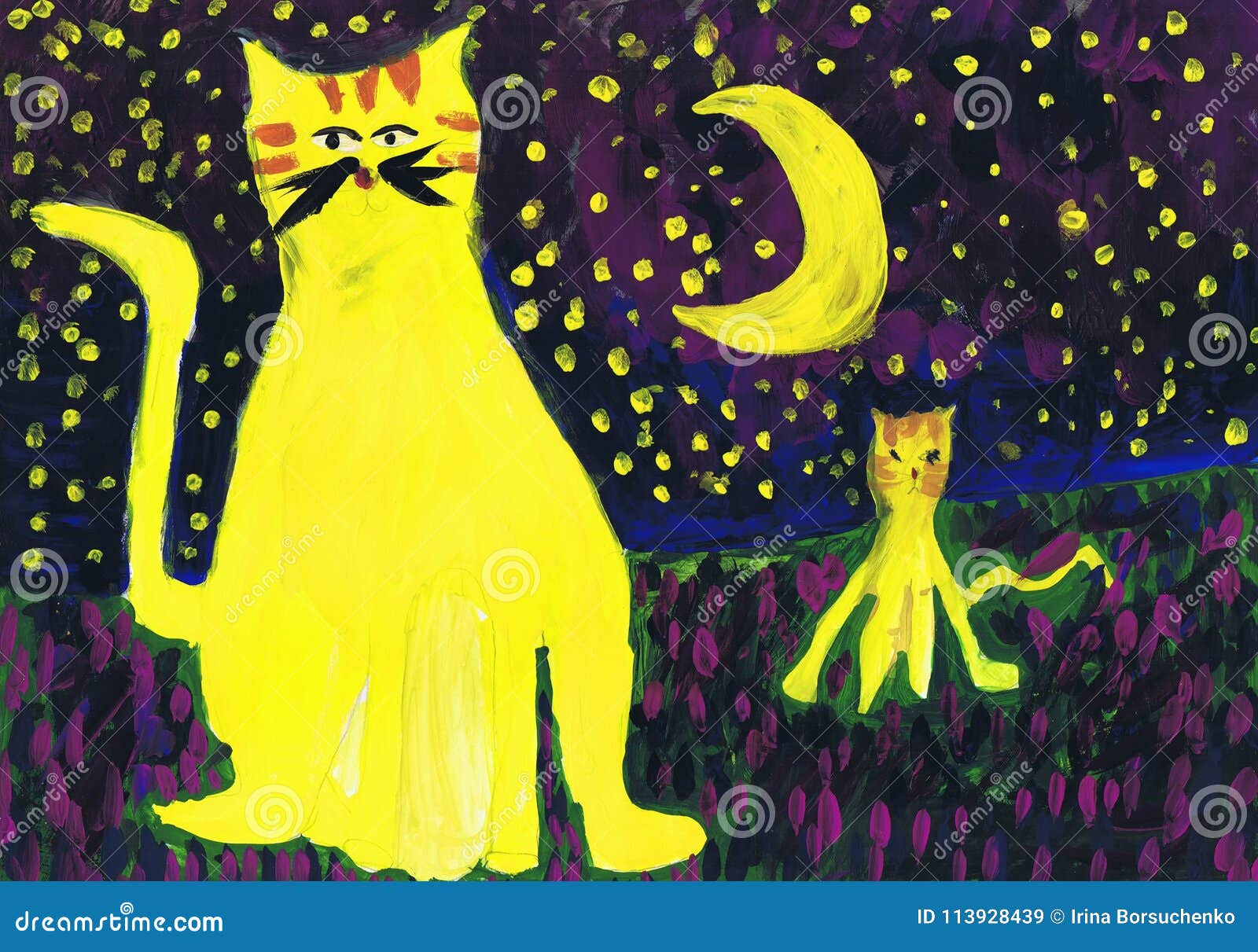 Deux Chats Jaunes La Nuit Sous La Lune Dessin Du S D Enfants Illustration Stock Illustration Du Nuit Ressort