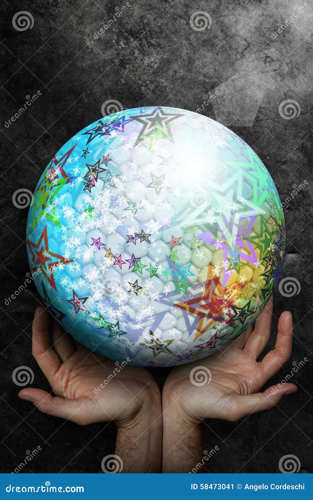 Deux Mains Ouvertes Vers Le Haut De Faire Face A Une Grande Sphere Avec La Surface Abstraite Coloree Avec Des Etoiles Illustration Stock Illustration Du Ouvertes Sphere 58473041