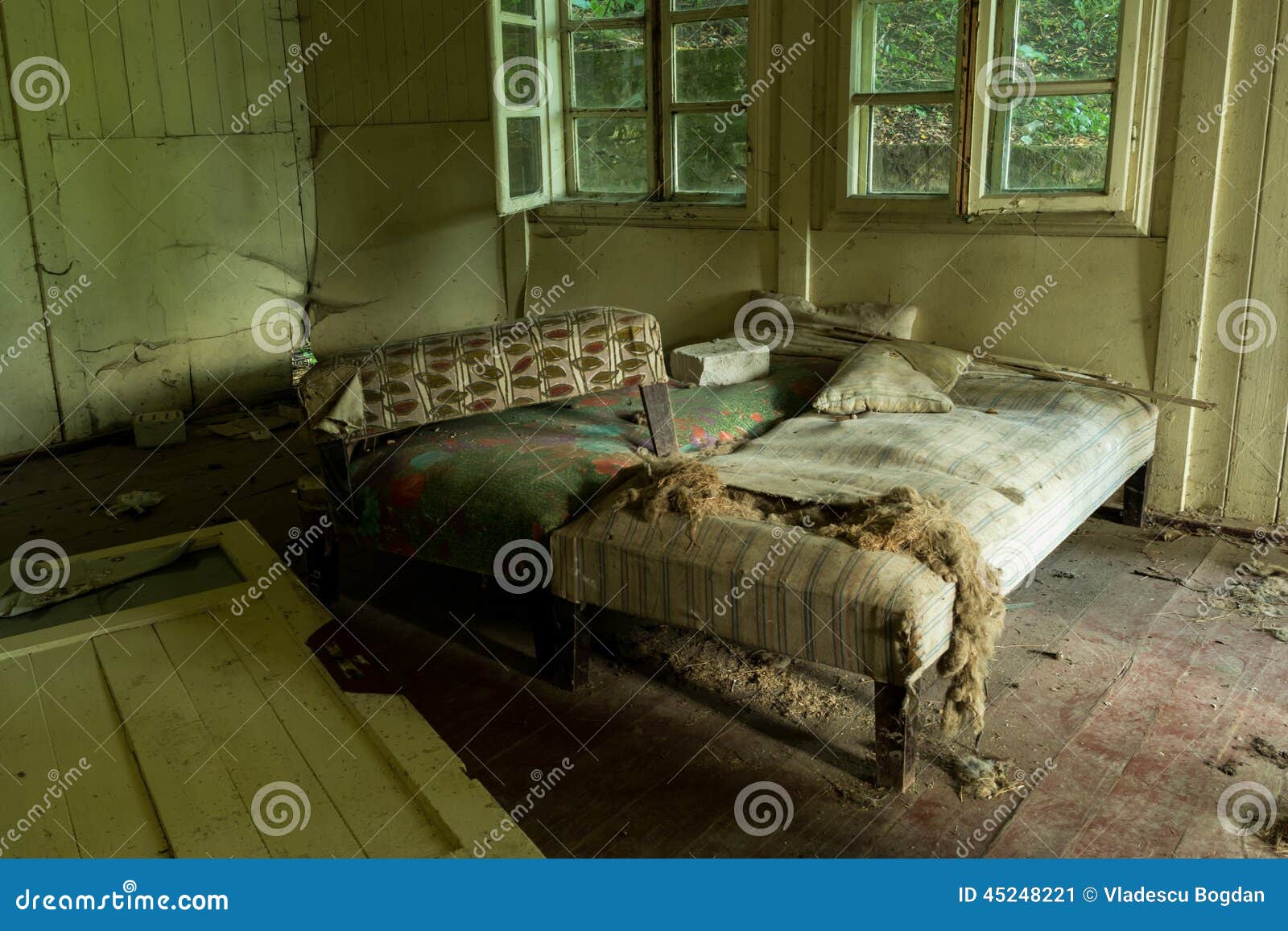 Devastated beds stock image. Image of room, antique, interior 45248221