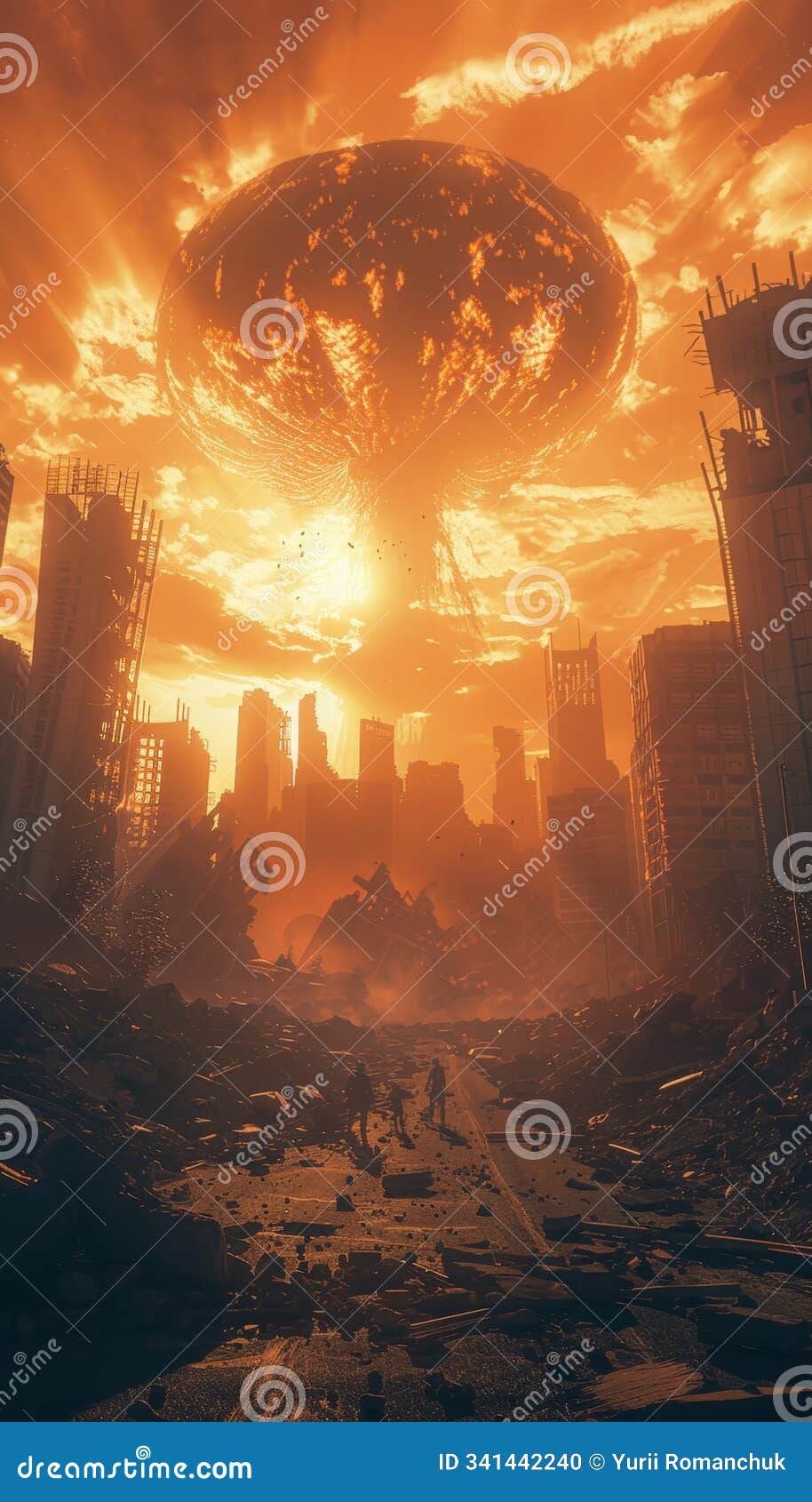 devastation unleashed a post catastrophe cityscape with a towering mushroom cloud and eerie glow