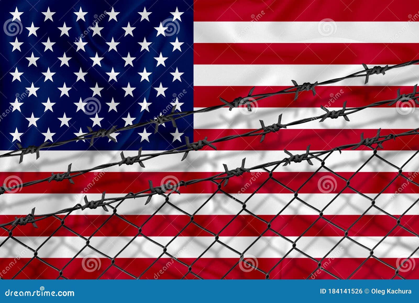 Developing US Flag, Mesh Fence and Barbed Wire. Concept of Isolation of