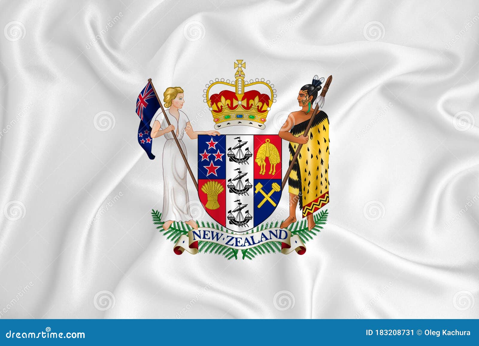 A Developing White Flag With The Coat Of Arms Of New Zealand. Country