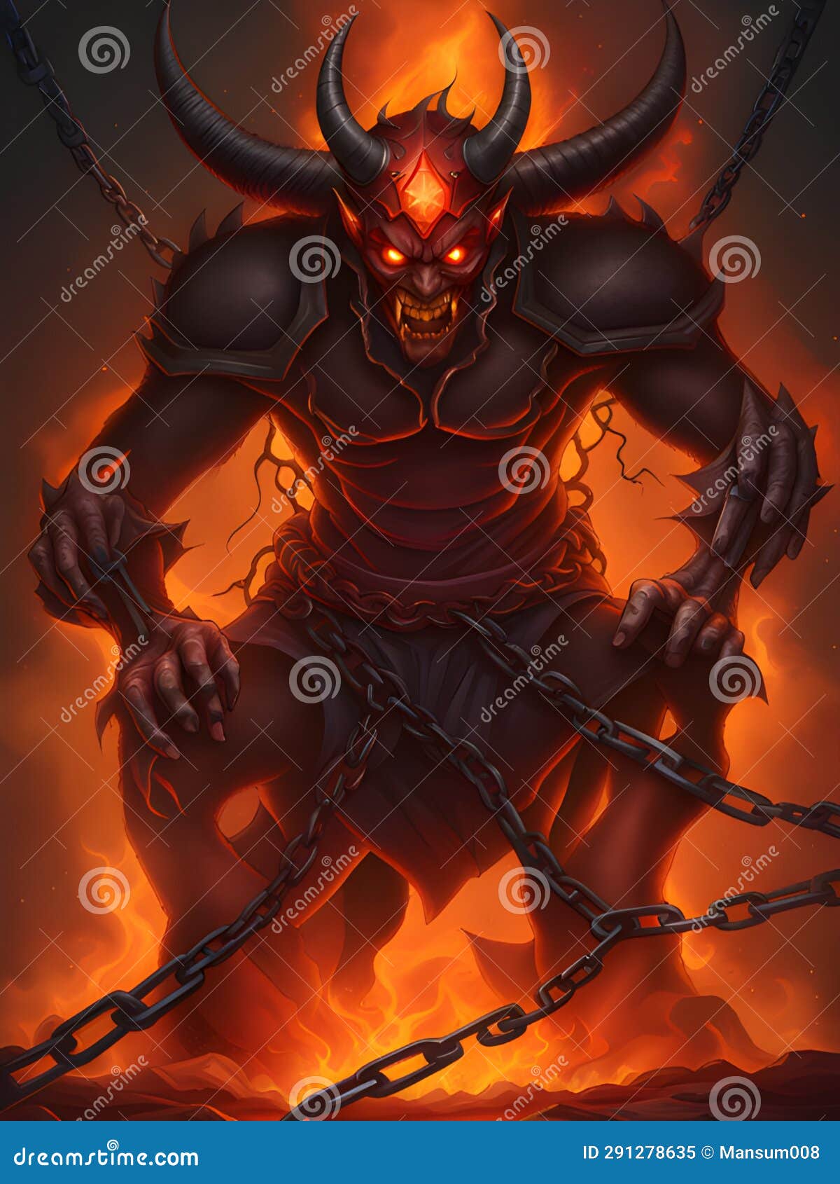 Devil with Horns and Trident on the Fire. Illustration Stock