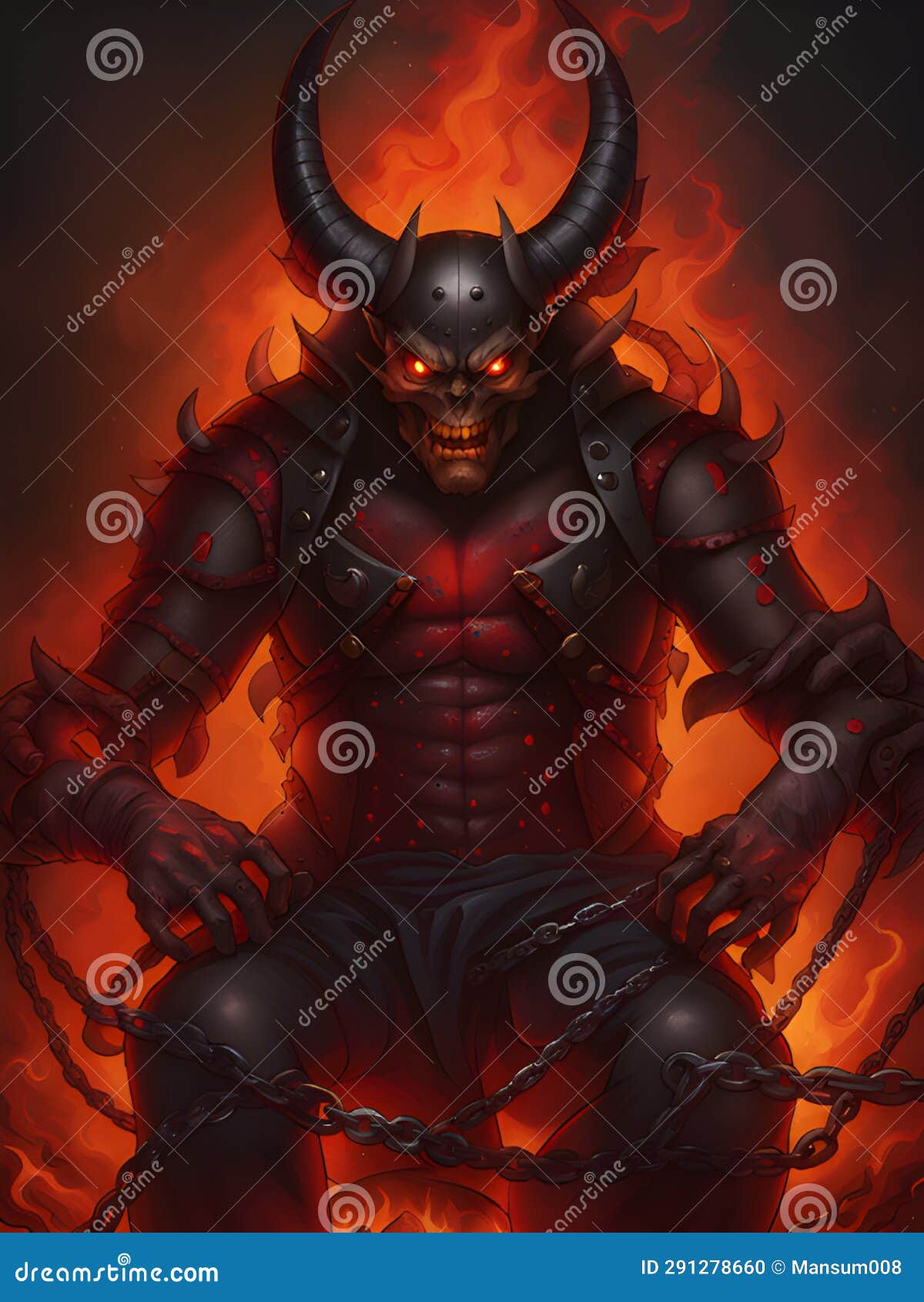 Devil with Horns and Trident on the Fire. Illustration Stock