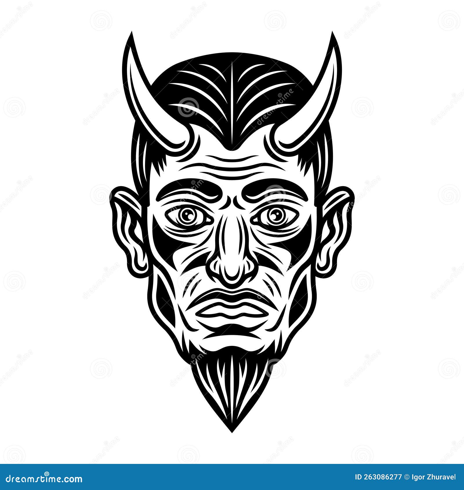Devil or Lucifer Head with Horns Vector Monochrome Illustration in