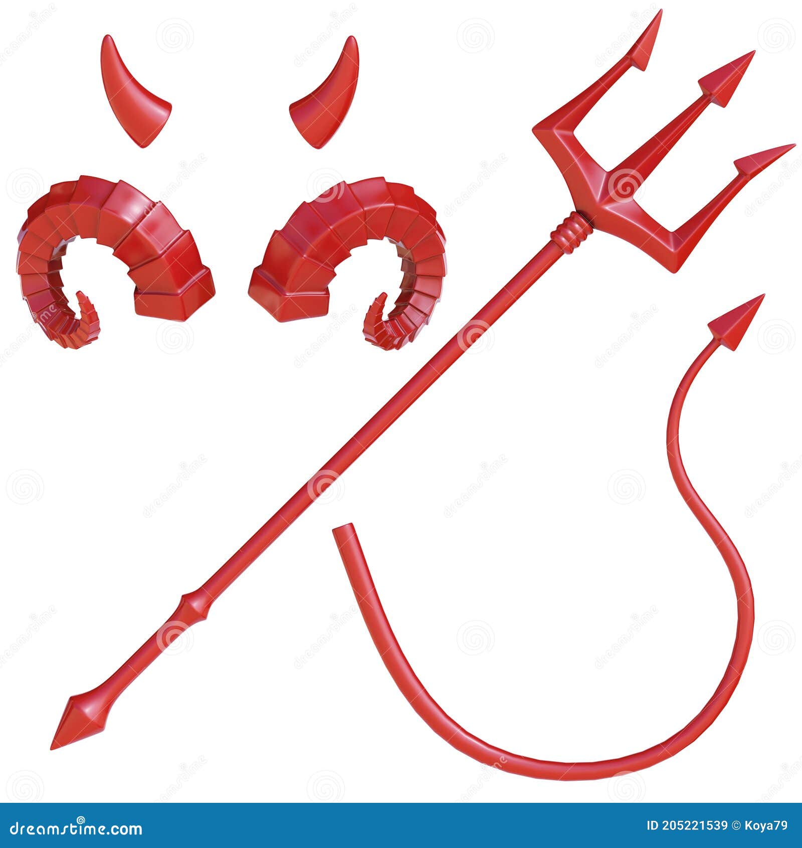 Devil`s Trident, Tail and Horns Design Elements, Devil Costume 3d